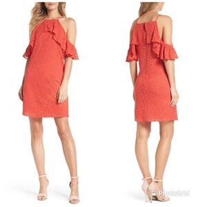 TRINA TURK Coral Off The Shoulder Lace Mini Dress Red Orange Size Small‎ New